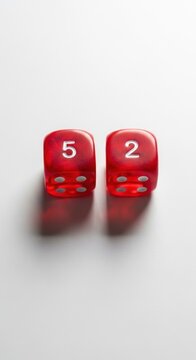 Two Red Dice Displaying the Numbers Five and Two on a White Surface.