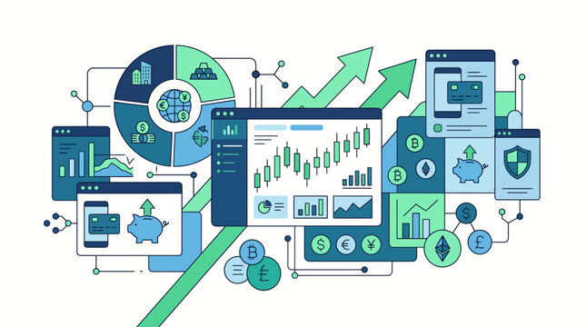 Financial Technology Concept Illustration: Online Investing, Stock Market Trading, and Cryptocurrency Digital Wallet