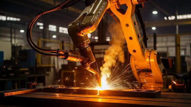 Industrial robot arm performing welding in a factory setting