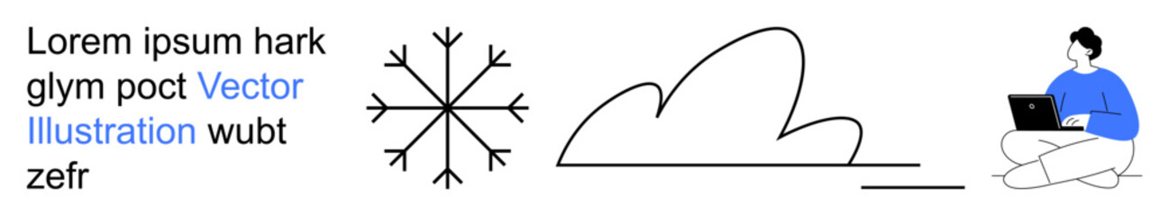 Fototapeta na wymiar Weather symbols, digital work, seasonal concepts, technology , remote working, modern icons. Snowflake, cloud illustration and person with a laptop. Weather and digital work concepts