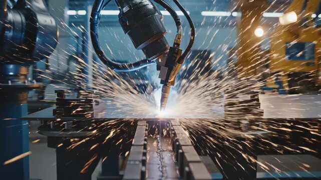 Industrial robotic welding process showcasing advanced technology and artificial intelligence