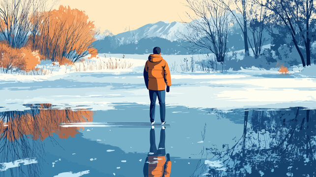 Person in orange jacket standing on icy lake with trees and mountains