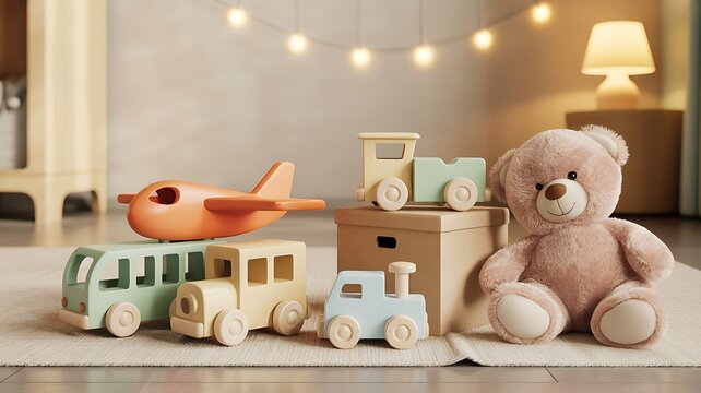 Cozy children's room with wooden toys, stuffed bear, and pastel decor alphabet blocks wooden train