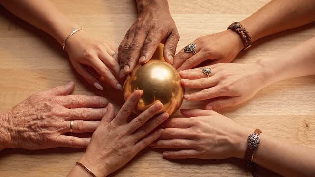 Diverse hands surrounding a golden sphere on wooden surface with rings and bracelets