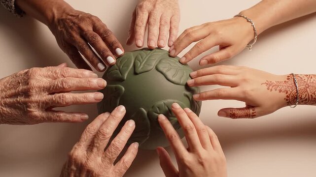 Diverse hands touching green clay globe with leaf patterns from above