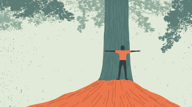 Person hugging a large tree in a forest with sprawling roots