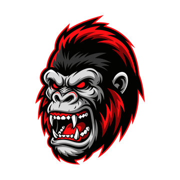 Aggressive Gorilla Head Mascot Logo, Fierce Ape Face with Red Eyes and Spiky Hair