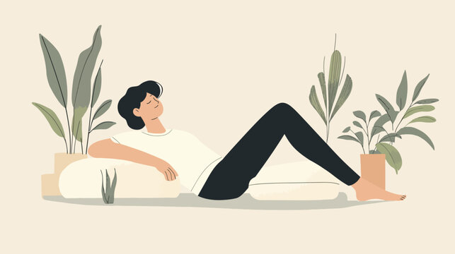 Person reclining among potted plants on neutral background
