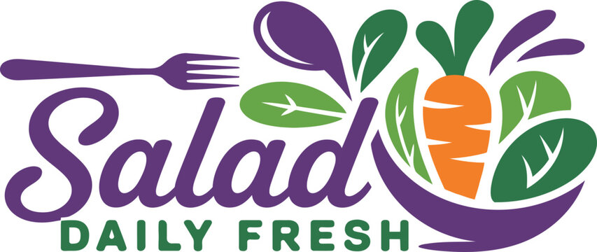 Colorful for a fresh salad restaurant featuring a stylized carrot and green leafy vegetables with a purple fork on a white background