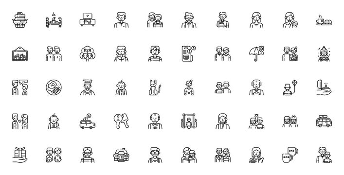 Family icon set. Vector illustration. Includes symbols for dad, mom, baby, grandparents, siblings, wedding, birthday, pet, and more. Editable vector stroke.
