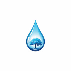 Fototapeta premium A single crystal-clear blue water drop containing a tiny oak tree inside, symbolizing water stewardship and natural capital preservation. Minimalist composition, bright white space. minimalist