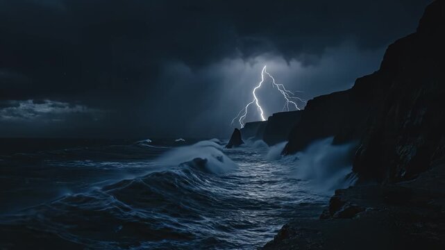 Stormy ocean cliffs with lightning ideal for wellness, meditation, and natural wellness ads