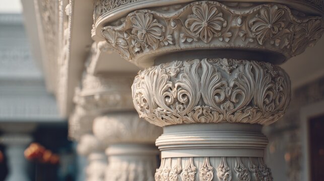 Intricate stone columns showcase detailed carvings in soft, neutral hues