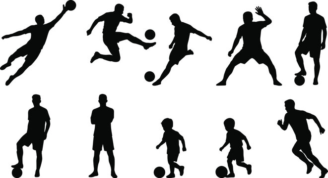 Set of diverse soccer player silhouettes including adults and children performing actions like kicking dribbling diving and goalkeeping for sports design