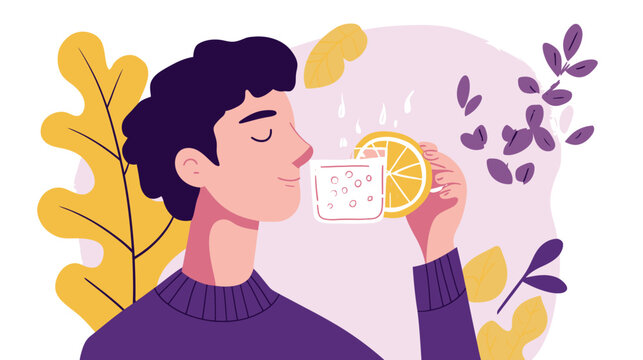 Illustrated person smiling with eyes closed holding lemon slice