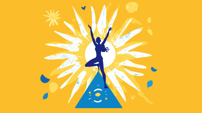 Silhouette of a female dancer with arms raised, surrounded by vibrant abstract shapes