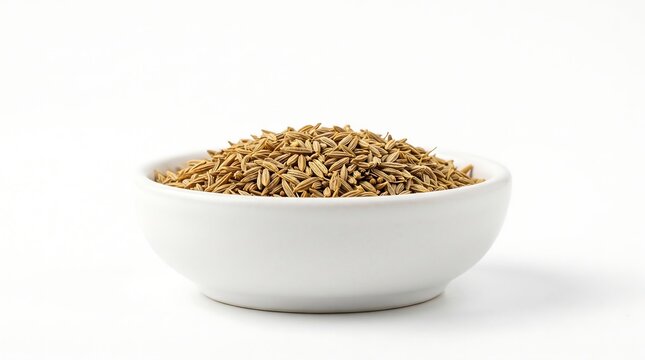 A white ceramic bowl filled with dried organic cumin seeds isolated on a plain white background.