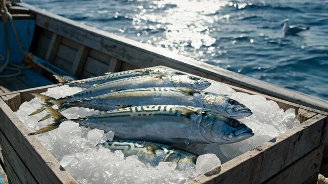 Fresh fish on ice in wooden boat symbolizing tranquility and the great outdoors