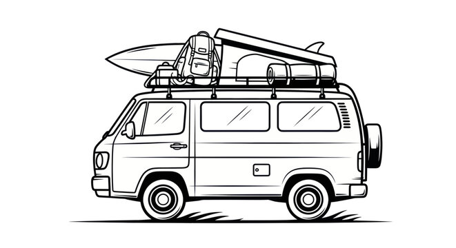 Surf Van Adventure: Retro Camper with Surfboard and Luggage on Roof Rack