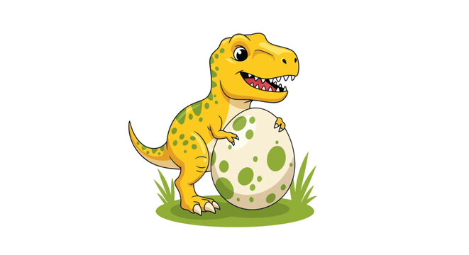 Cute Yellow Dinosaur with Green Spots Holding an Egg on Grass