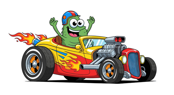 Funny Green Monster Driving a Hot Rod Car with Flames