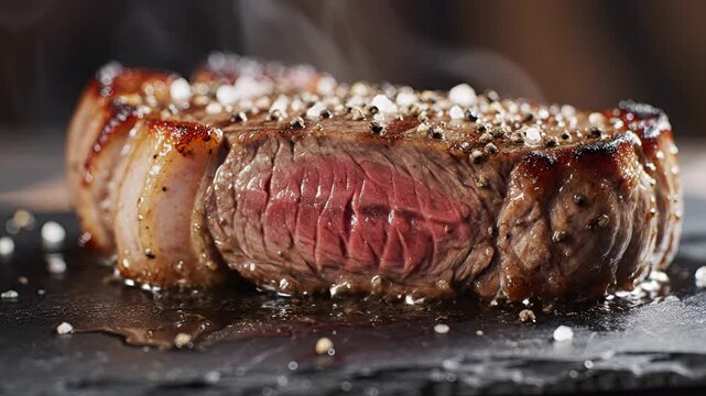 Juicy Grilled Steak with Peppercorns and Sea Salt Closeup.