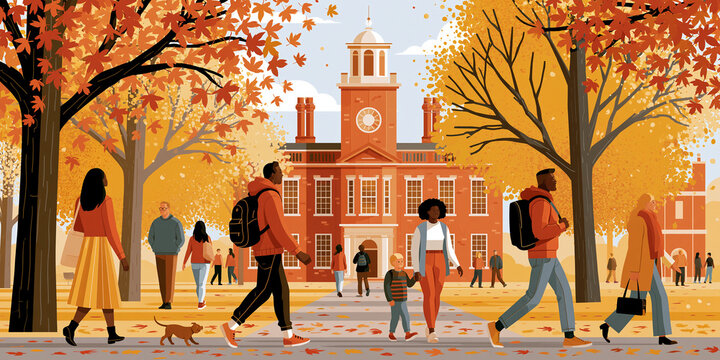 Autumn Campus Vibes: Diverse Students and Pets Stroll Amongst Reddish-Yellow Leaves at University Clocktower in Vibrant Outdoor Scene
