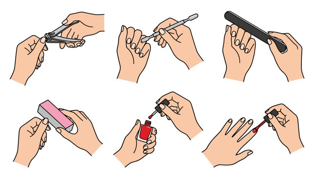 Step-by-step guide illustrating the process of a manicure with nail polish application