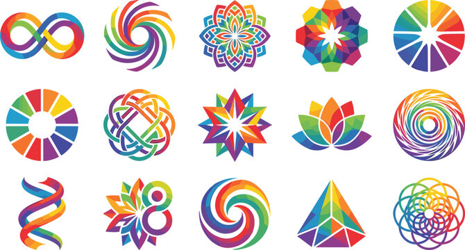 Collection of vibrant rainbow colored abstract geometric logo icons including lotus flower infinity symbol mandala and star shapes for creative branding