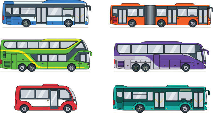 Set of diverse public transport bus icons including articulated city bus double decker and shuttle vector illustrations isolated on white