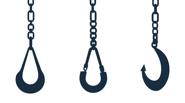 Three stylized, dark blue hooks hanging from chains on a white background, minimal vector graphics