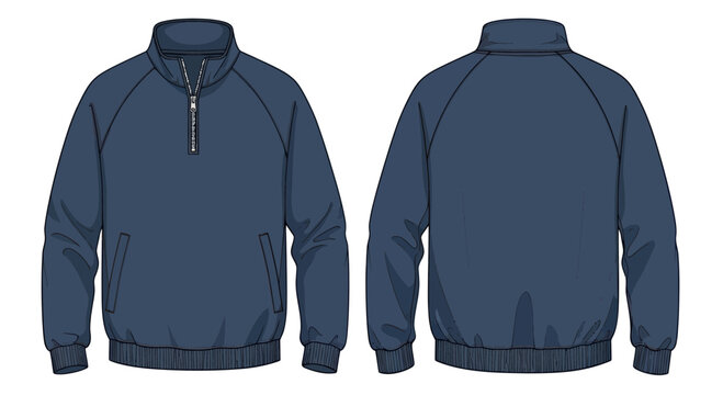 Blue Half Zip Pullover Jacket Mockup, Front and Back View