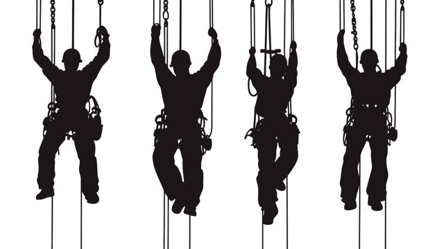 Silhouetted figures of four people climbing, hanging from ropes with safety equipment