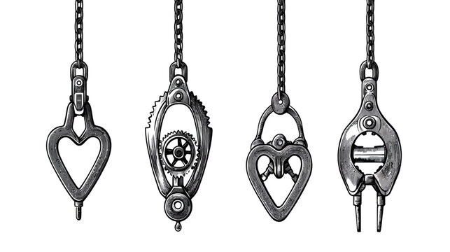 Monochrome illustration of four hanging mechanical pulleys, suspended by chains, each with unique designs