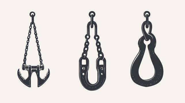 Three stylized grayscale illustrations of industrial hooks and chains, varying in design, on a light background