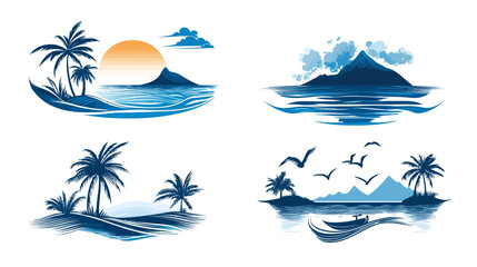 Obraz premium Four stylized landscapes in shades of blue and orange, depicting beach scenes and tropical islands