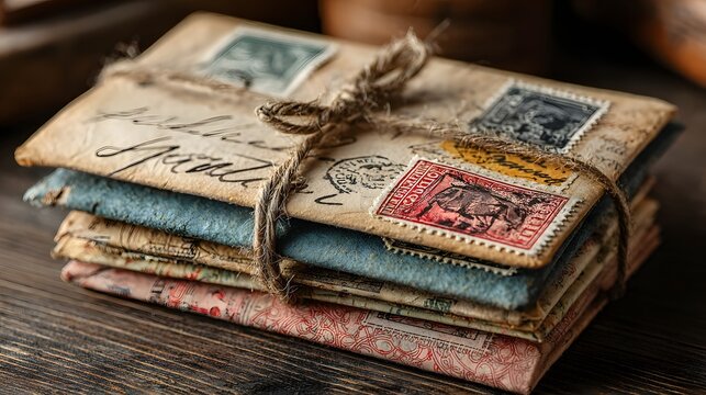 Stack of vintage envelopes tied with twine on a rustic wooden table with antique postage stamps and handwritten postmarks, representing nostalgic mail and historical correspondence.