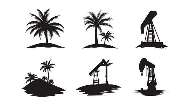 Silhouetted palm trees and oil pump jacks, set against a stark white backdrop