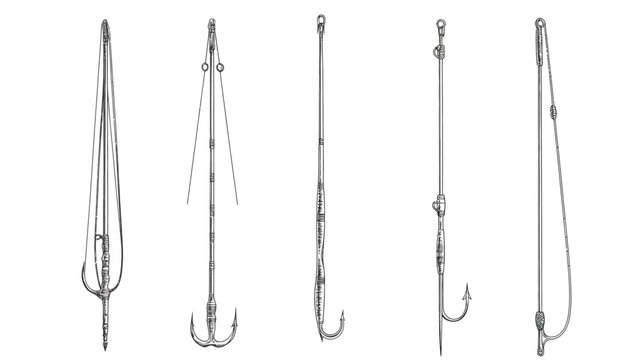 Line art illustration of five fishing tools, including rods, hooks, and implements