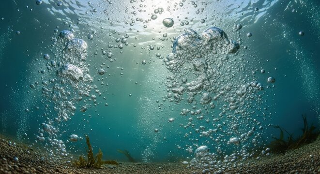 Underwater Bubbles Rising Towards the Sunlight in Ocean.