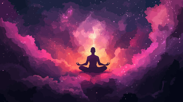 Silhouette meditates amid vibrant, colorful cosmic nebula scene