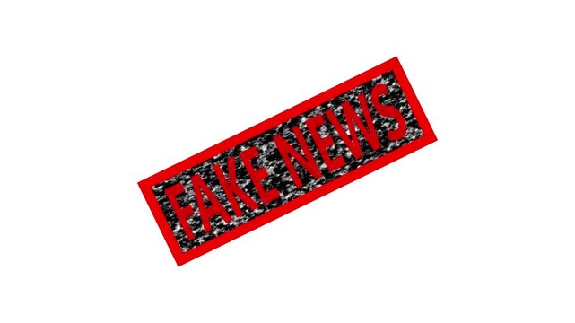 video animation red rubber stamp with fake news text, on a with background 