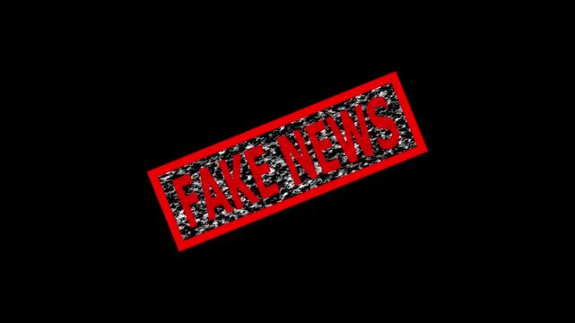 video animation red rubber stamp with fake news text, on a black background 