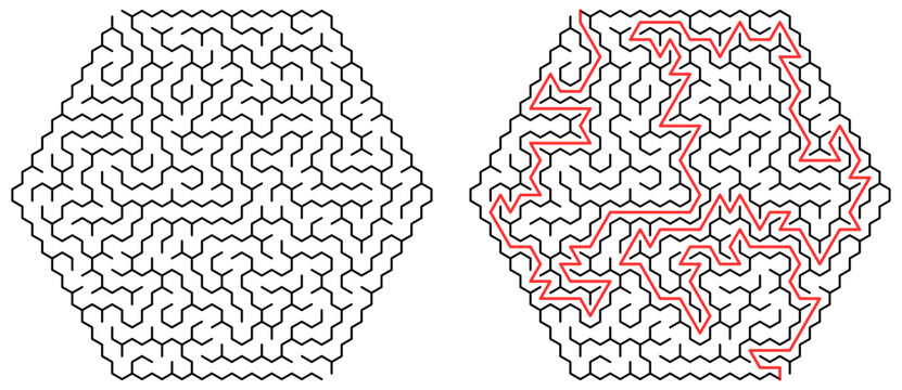 Hexagonal Maze Puzzle with Solution Route