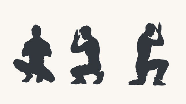 Three figures in silhouette, showing different poses of a person kneeling or squatting