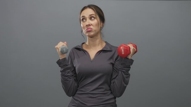 Woman raises dumbbell with hands at shoulders, holding a red 3kg and grey 1kg weight while wearing dark long sleeve top in studio; exercise doubt wry frustration.