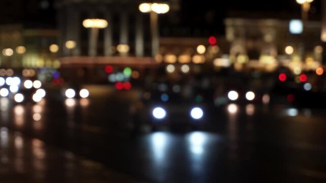 Traffic and lights in the night city. Defocused blurred footage with cars and city lights in Moscow, Russia. Colorful bokeh circles from cars.