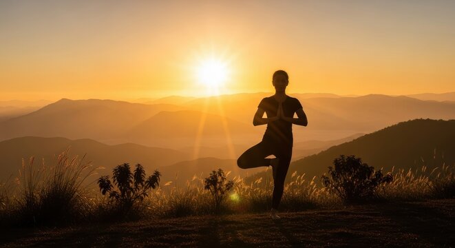 Young woman practicing yoga tree pose on mountain peak at sunrise, sil