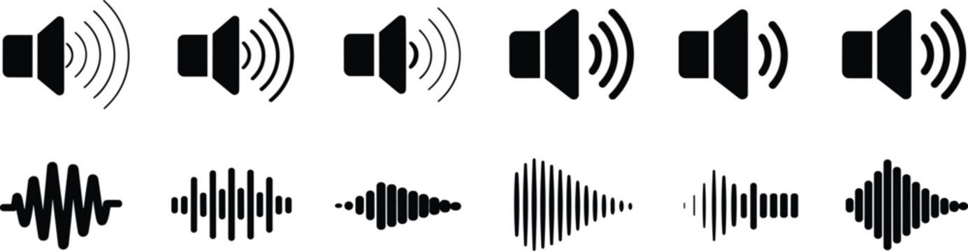 Collection of sound volume icons and waveforms