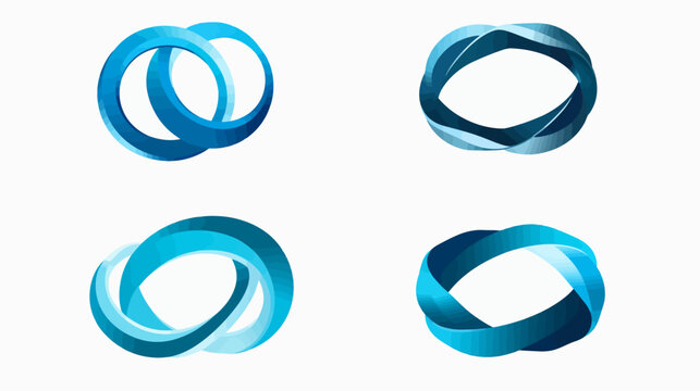 Four abstract blue 3D looped elements on white background. Different ring shapes, gradients, and twists